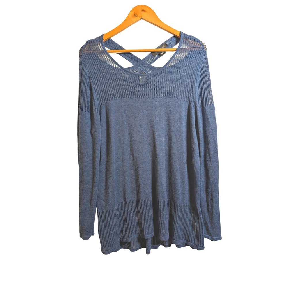 August‎ Silk Knit Top XL Blue Criss Cross Back Open Knit Coastal Boho Sweater